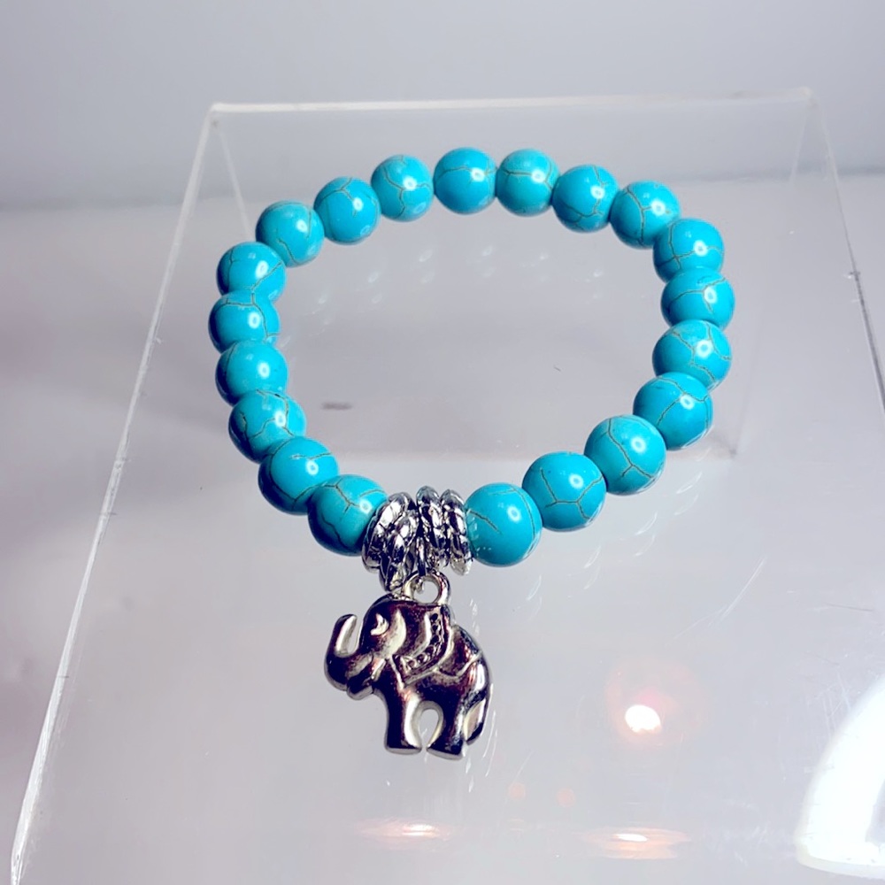 Blue Stone Stretch Five Charm Elephant Bracelet